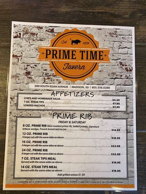 prime time tavern menu